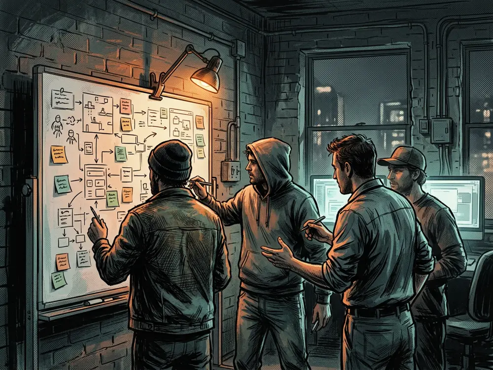 The AS INDUSTRIES crew working through level diagrams on a whiteboard
